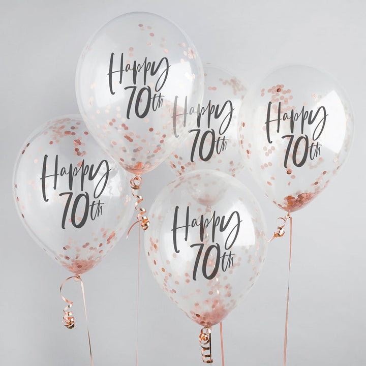 Happy 70th Rose Gold Confetti Balloons - 70th Birthday Balloons - Rose Gold 70th Birthday Decorations - Party Decorations - Pack of 5