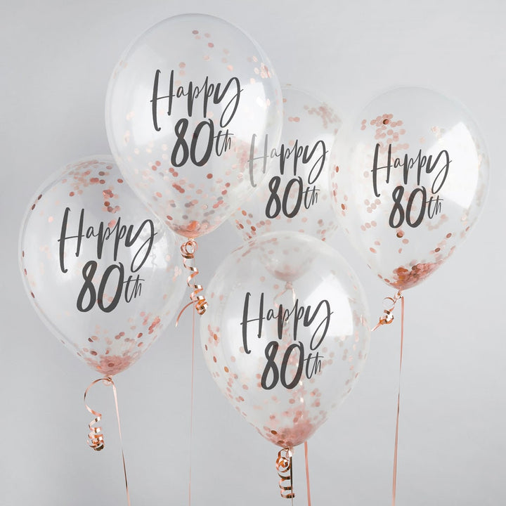 Happy 80th Rose Gold Confetti Balloons - 80th Birthday Balloons - Rose Gold 80th Birthday Decorations - Party Decorations - Pack of 5