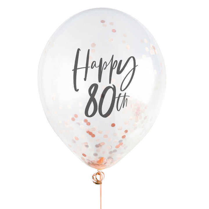 Happy 80th Rose Gold Confetti Balloons - 80th Birthday Balloons - Rose Gold 80th Birthday Decorations - Party Decorations - Pack of 5