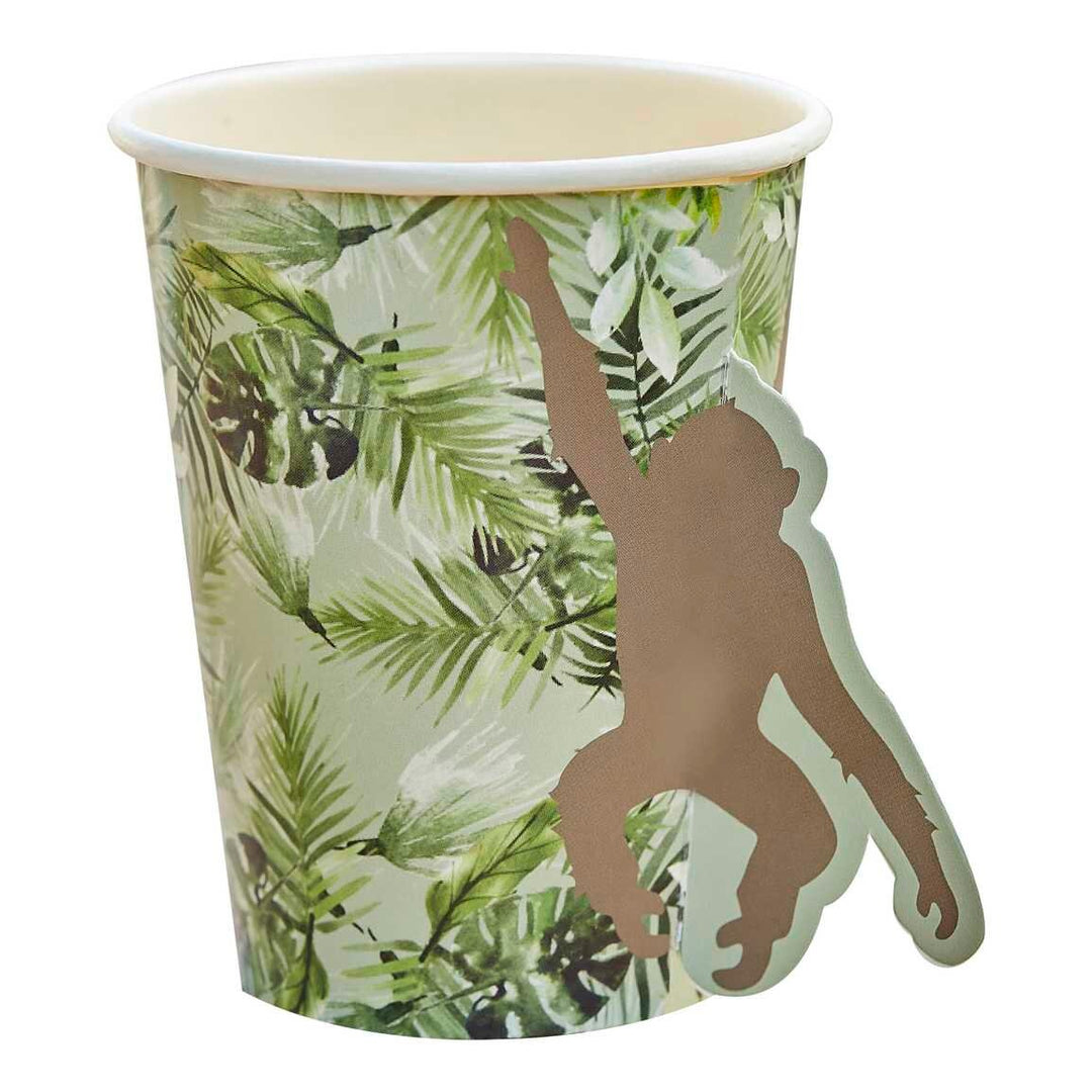 Monkey Paper Cups - Brown And Green Jungle Theme Kids Birthday Party Cup - Tropical Leaves - Safari Animals - Birthday Tableware - Pack of 8