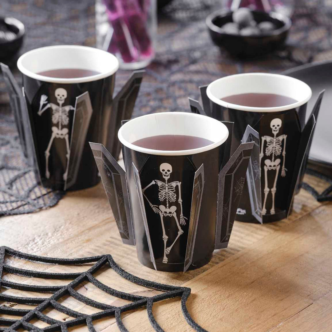 Skeleton Coffin Cups - Black And White Halloween Paper Cups - Halloween Party Decorations - Halloween Party Table Accessories - Pack of 8