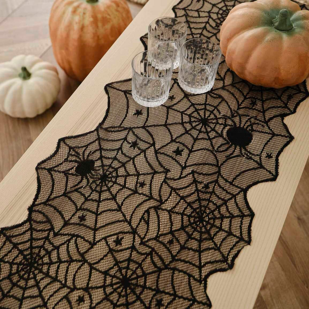 Spider Web Table Runner - Black Spiderweb Halloween Table Runner - Halloween Party Decorations -Reusable Fabric Runner-Halloween Table Decor