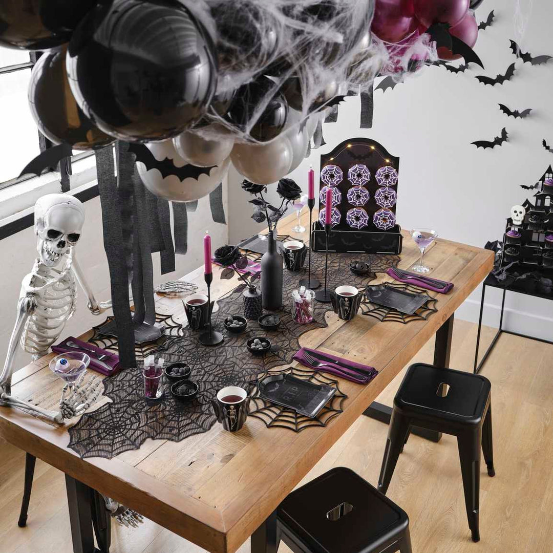 Halloween Balloon Arch Kit - Purple, Black, Grey Balloon Backdrop With Streamers, Cobwebs And Bats - Halloween Party Decorations