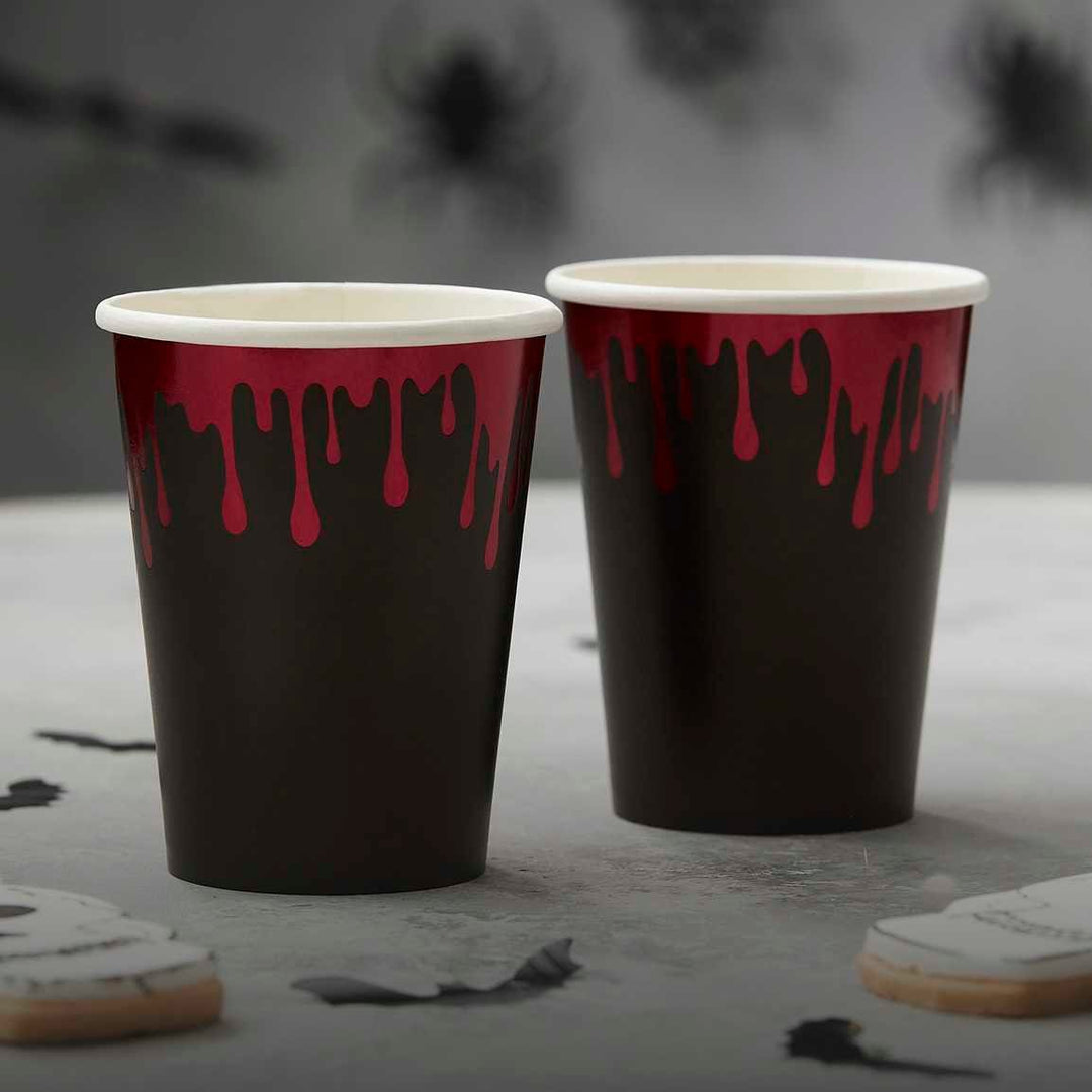 Halloween Cups - Black And Red Blood Drip Halloween Paper Cups - Halloween Party Decorations - Halloween Party Table Accessories - Pack of 8