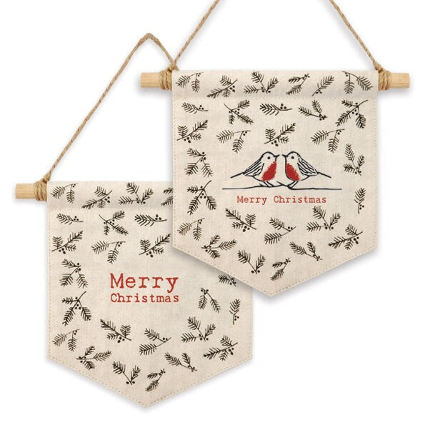 Merry Christmas Pennant - Small Fabric Merry Christmas Sign With Berries - Double Sided Wooden Sign With Robins - Christmas Decorations