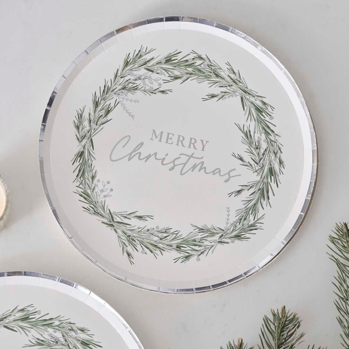 Silver Green Foliage Merry Christmas Party Plates Pack of 8 Jolie Fete UK Party Supplies Gifts