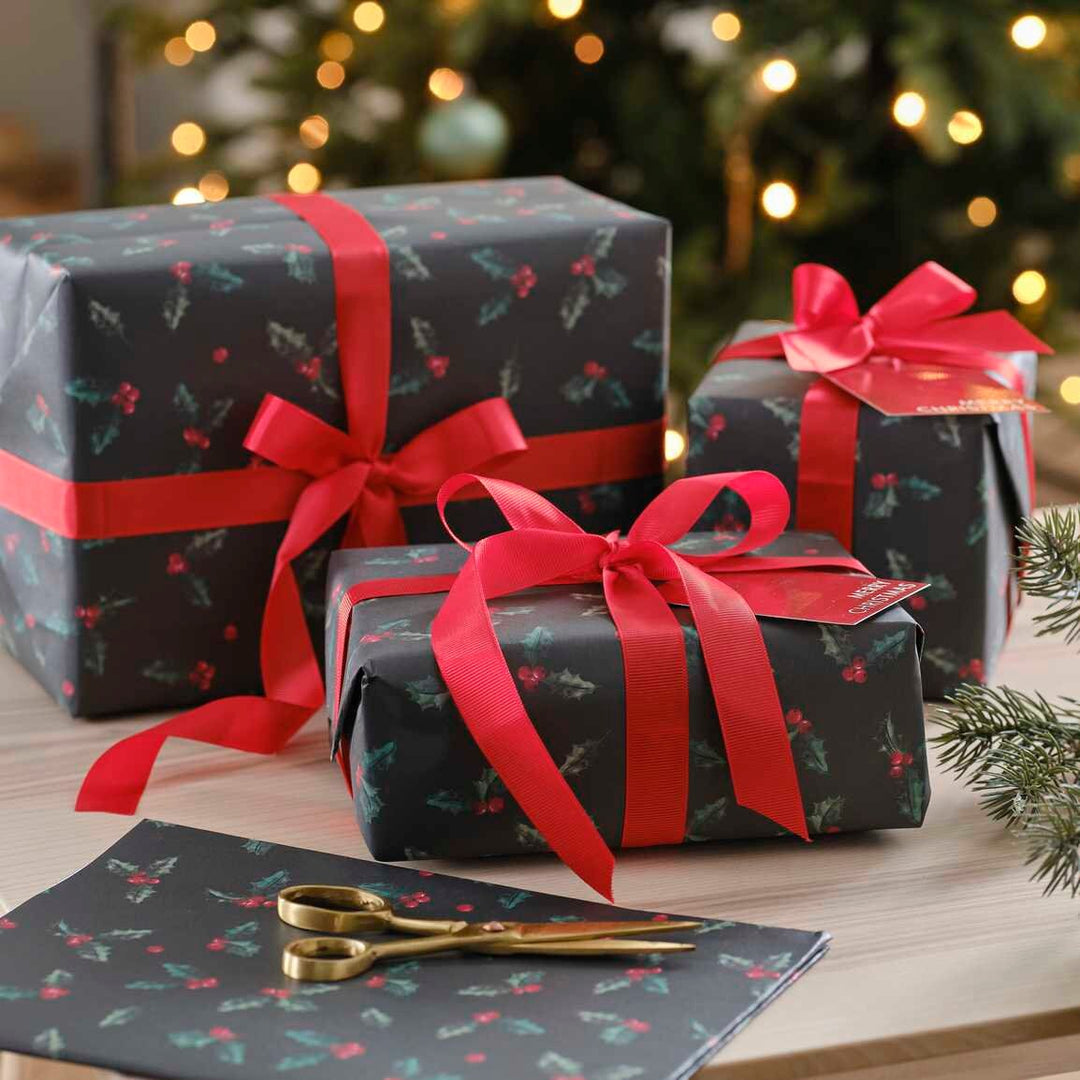 Christmas Gift Wrapping Kit - Holly Gift Wrap Paper With Gift Tags And Ribbon - Christmas Wrapping Paper Set - Black With Holly And Berries