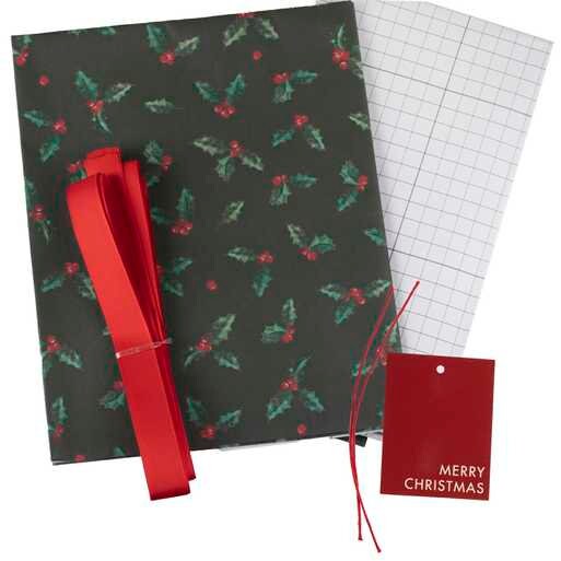 Christmas Gift Wrapping Kit - Holly Gift Wrap Paper With Gift Tags And Ribbon - Christmas Wrapping Paper Set - Black With Holly And Berries