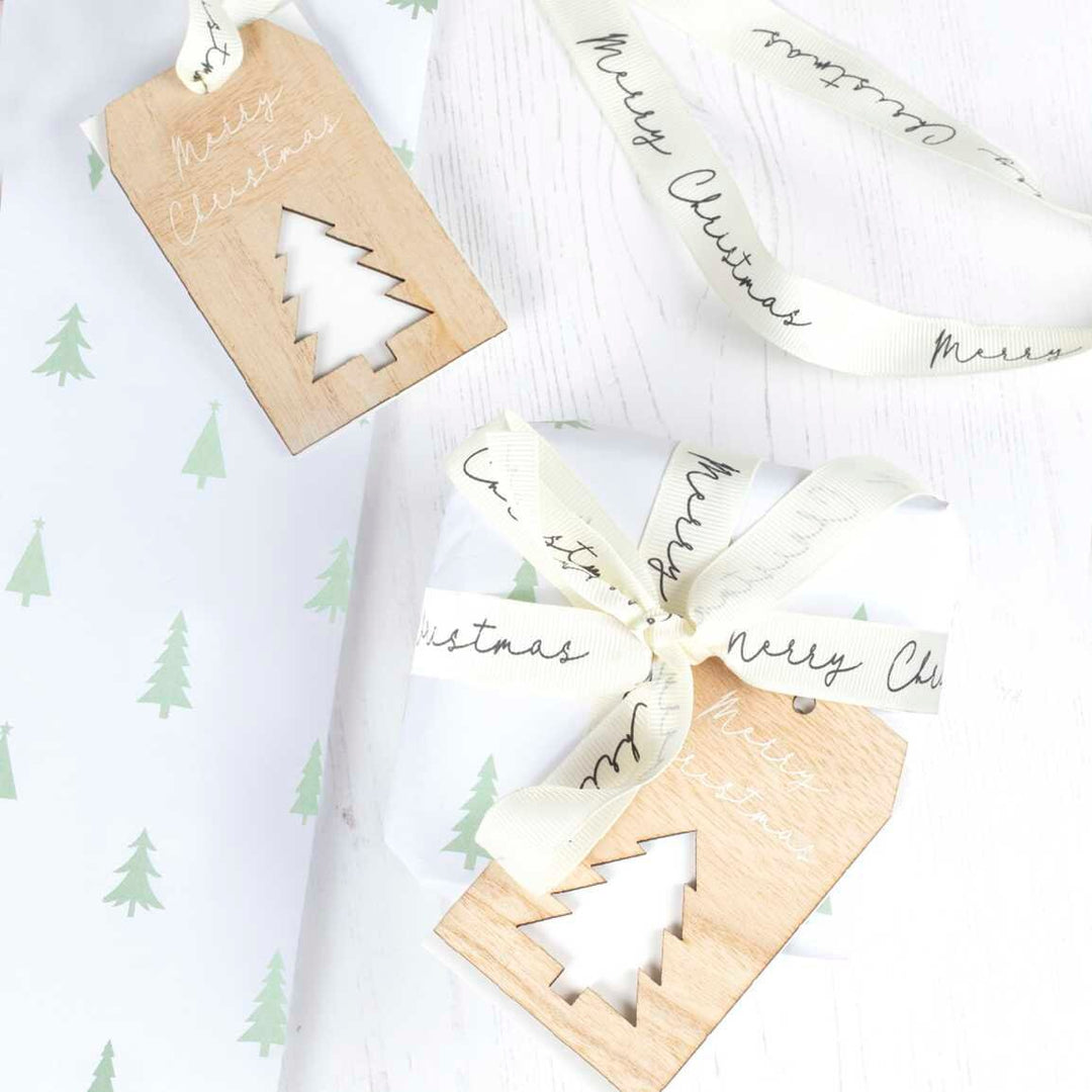 Christmas Gift Wrapping Kit - Christmas Tree Gift Wrap Paper With Gift Tags And Ribbon - Green Trees - Wooden Tags - Merry Christmas Ribbon