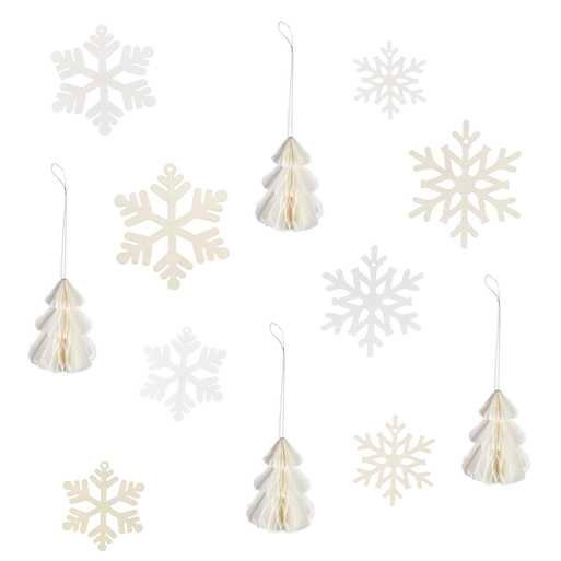 Christmas Tree Decorations - Wooden Snowflake & Honeycomb Hanging Decorations - Wood And Paper Decoration - White And Cream Holiday Decor