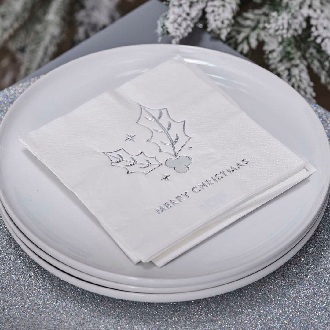Merry Christmas Napkins - White & Silver Paper Napkins - Cocktail Napkins - Christmas Drinks Party Tableware - Traditional decor -Pack of 16