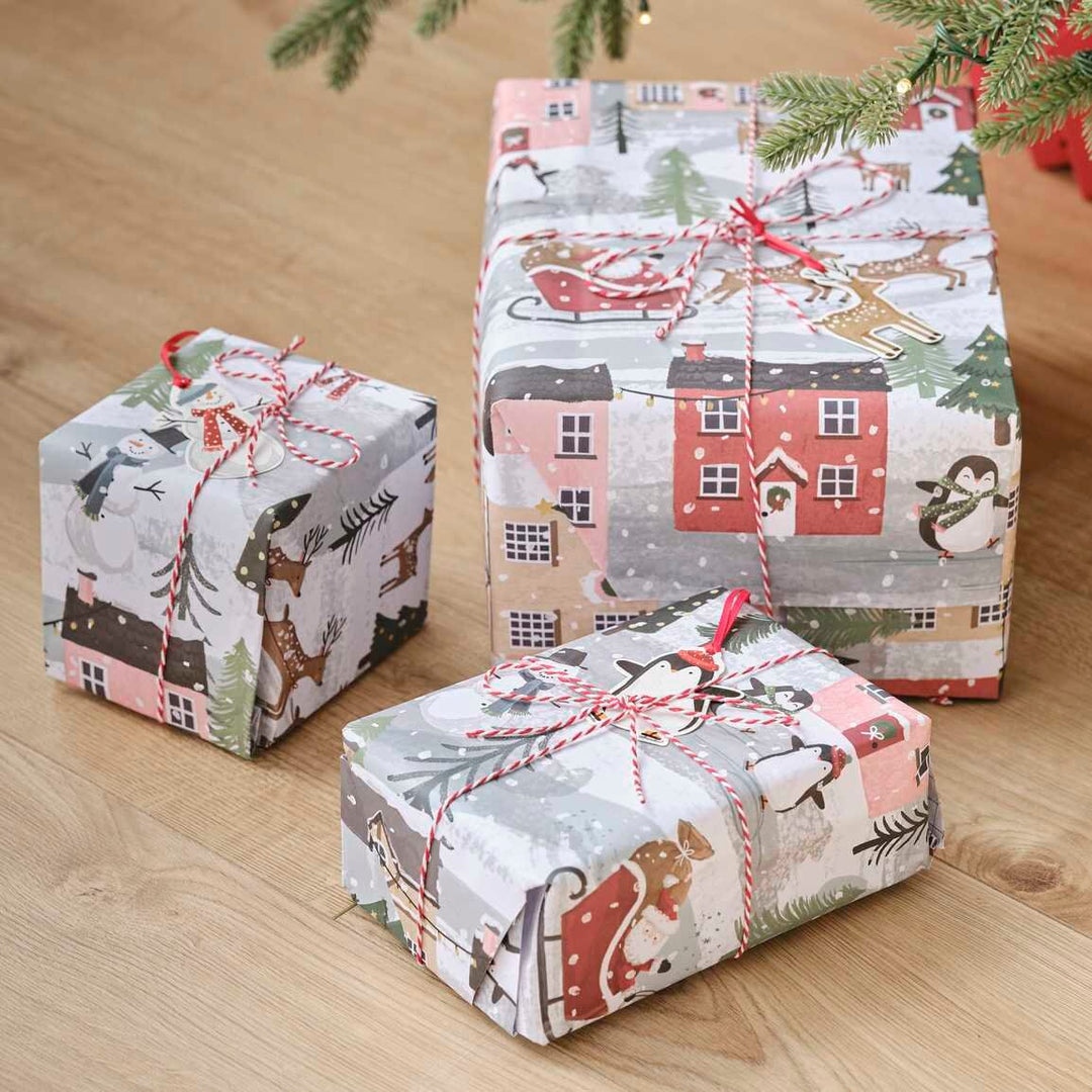 Christmas Gift Wrapping Kit - Traditional Christmas Scene Gift Wrap - Christmas Wrapping Paper - Penguins - Snowmen - Reindeer