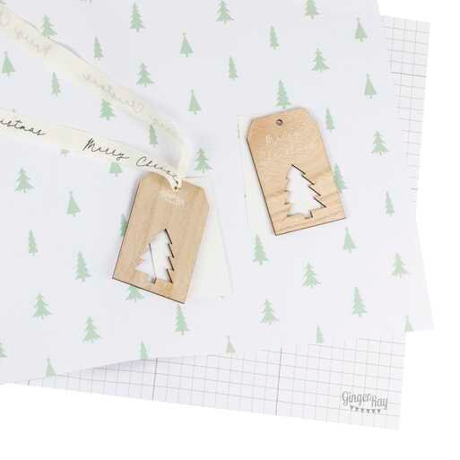 Christmas Gift Wrapping Kit - Christmas Tree Gift Wrap Paper With Gift Tags And Ribbon - Green Trees - Wooden Tags - Merry Christmas Ribbon