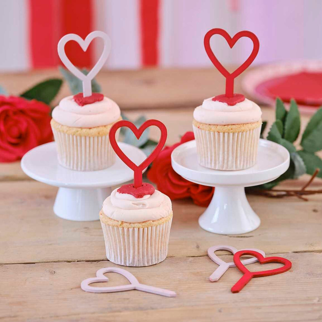 Valentines Wooden Cupcake Toppers - Red And Pink Heart Cupcake Toppers - Valentine's Day Party Decor - Valentines Cake Topper - Pack Of 6