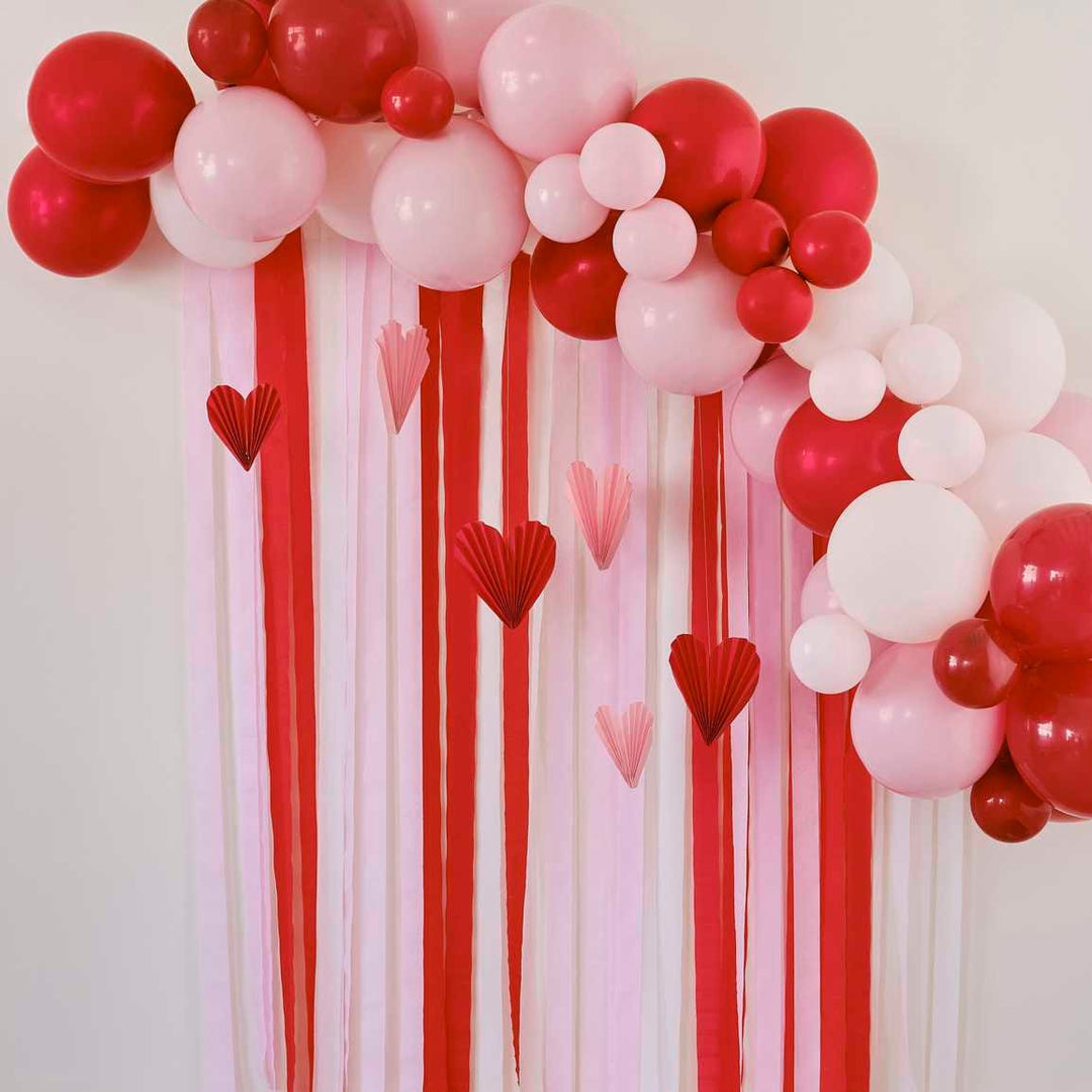Valentines Balloon Arch Party Backdrop - Red And Pink Balloon Arch With Streamers & Heart Decorations - Valentines Party Decor-Wedding Decor