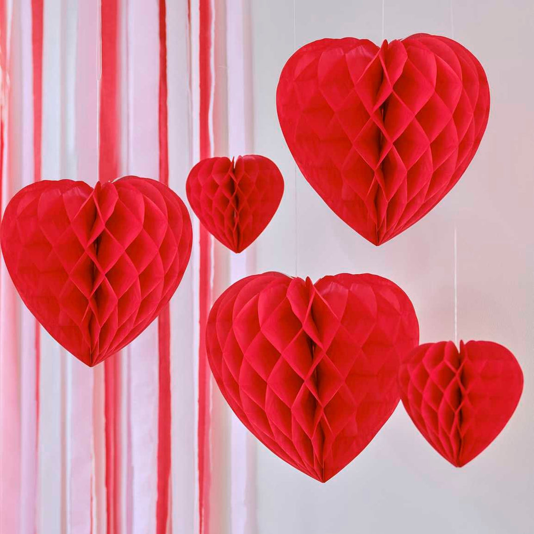 Honeycomb Hanging Red Heart Decoration - Hen Party Decorations - Valentines Day Decor - Date Night Decoration - Hanging Heart Decorations