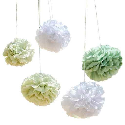 Paper Pom Pom Decorations - Hey Baby Sage Green & White Decorations - Botanical Baby Shower Decorations - Gender Neutral - Pack Of 5