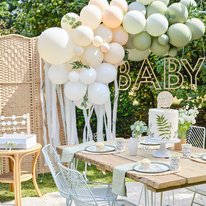 Mummy To Be Baby Shower Balloon With Botanical Tail - Hey Baby Mum To Be - Sage Green Balloon - Balloon Tail With Leaves - Mum To Be Gift