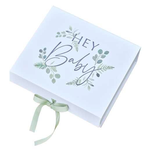 Baby Shower Gift Box - Botanical Baby Shower - Hey Baby - Baby Shower Keepsake Box - White And Green Box Tie Ribbon - Gift Wrap Alternative