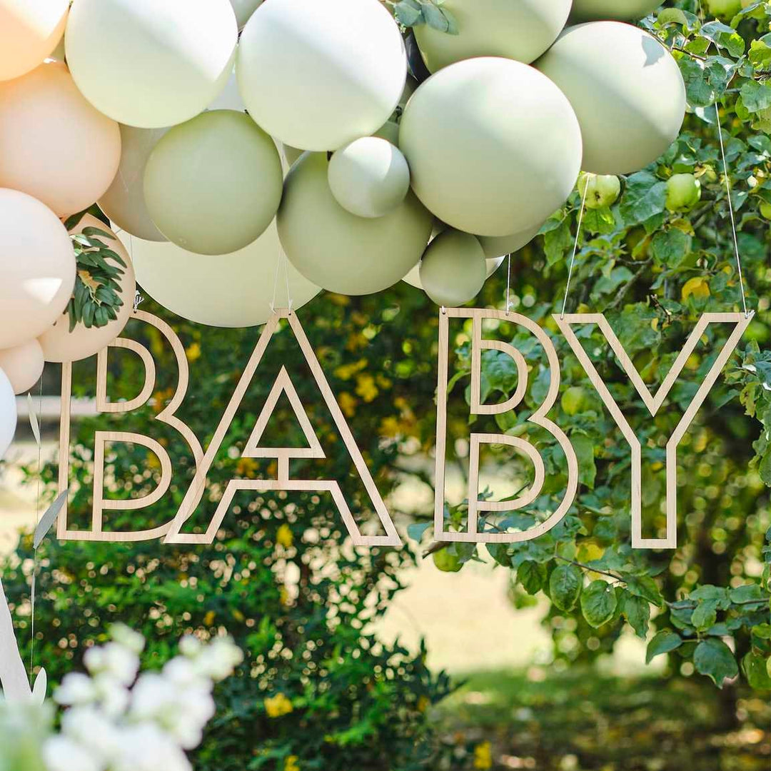 Wooden Baby Hanging Decoration - Baby Shower Decorations - Hey Baby Shower Photo Booth Prop - Botanical Neutral Baby Shower