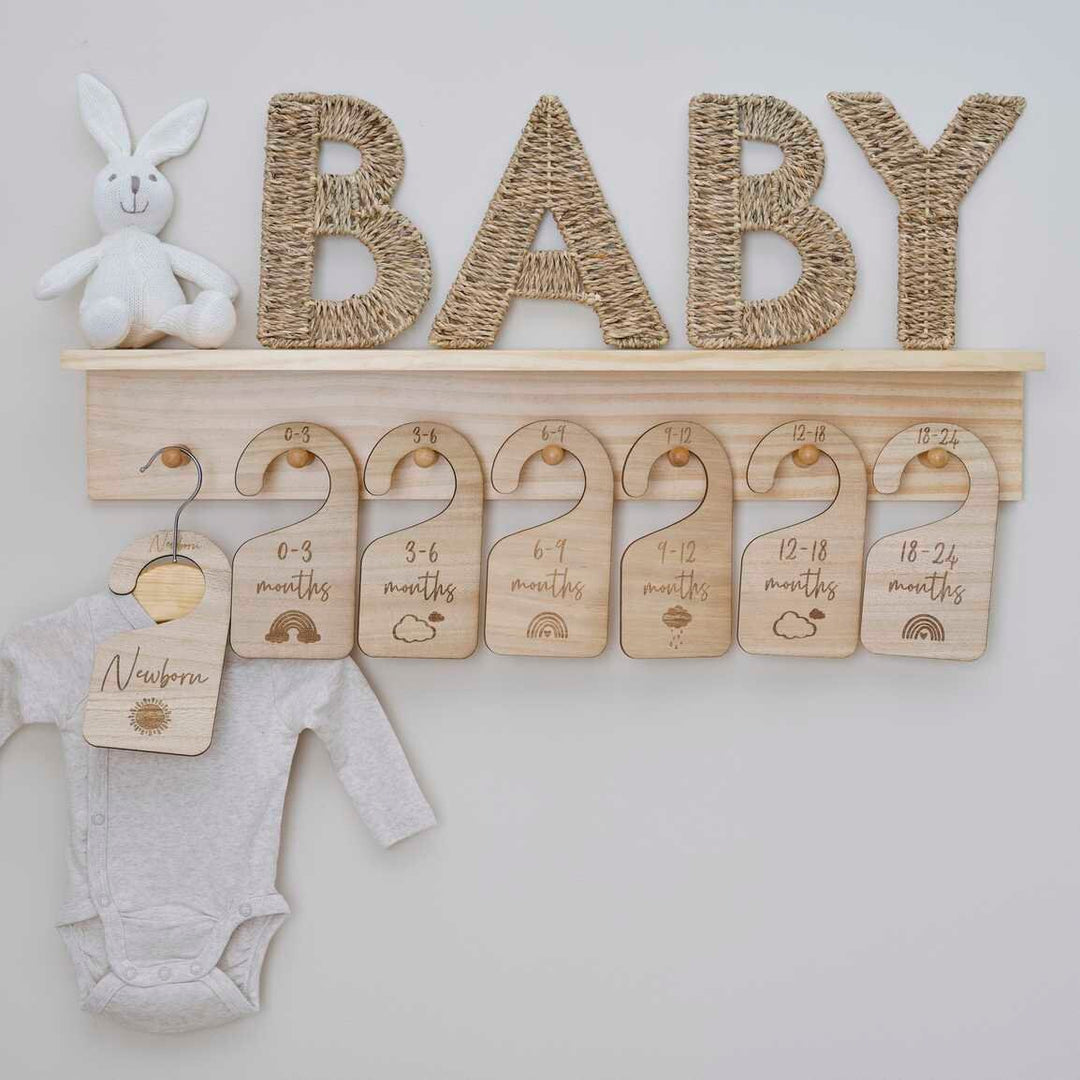 Wooden Baby Hangers - Baby Clothes Dividers - Baby Wardrobe Rail Signs - Baby Size Signs - Gift For New Parents - Gender Neutral Decor