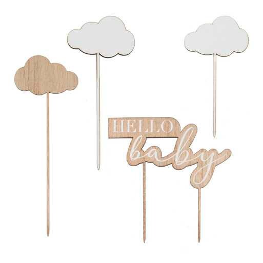 Baby Shower Cake Toppers - Wooden Hello Baby & Clouds Cake Topper - Botanical Baby Shower -Wood And White Cloud Topper - Gender Neutral