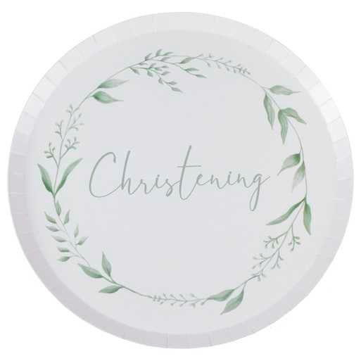 Christening Paper Plates - White & Green Botanical Paper Party Plates - Eco Friendly Party Supplies - Watercolour Leaf Design - Pack of 8