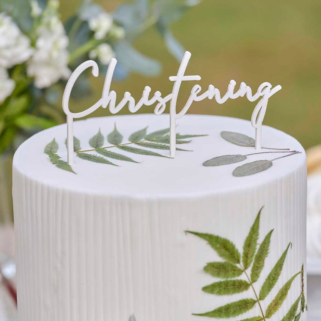 Christening Cake Topper - White Wooden Christening Cake Topper - Botanical Baby - Gender Neutral - Christening Cake Decoration