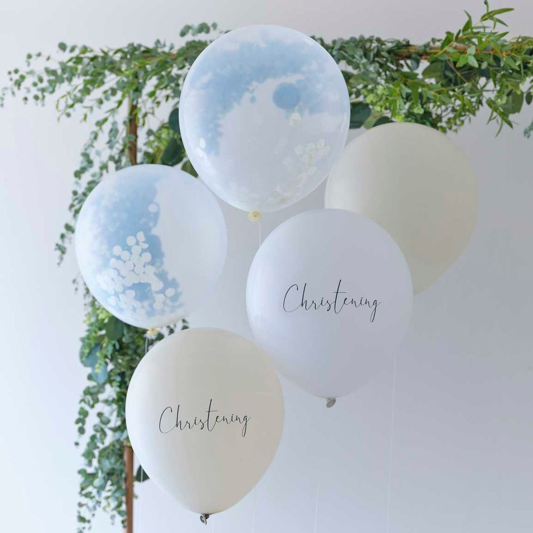 Christening Balloons - White, Nude & Confetti Balloons - Christening Balloon Bundle - Christening Decorations - Pack of 5