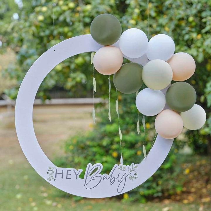 Baby Shower Photo Frame - Hey Baby Selfie Frame - Baby Shower Photo Booth Prop With Balloons - Neutral Baby Shower - Sage Green And White