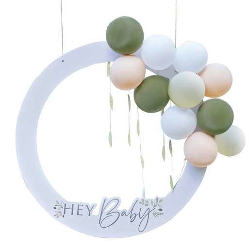 Baby Shower Photo Frame - Hey Baby Selfie Frame - Baby Shower Photo Booth Prop With Balloons - Neutral Baby Shower - Sage Green And White