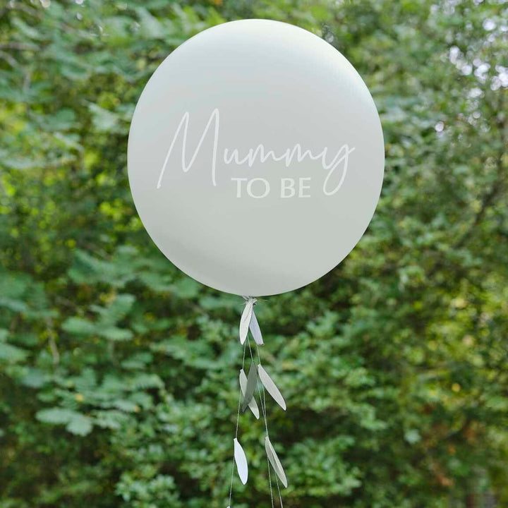 Mummy To Be Baby Shower Balloon With Botanical Tail - Hey Baby Mum To Be - Sage Green Balloon - Balloon Tail With Leaves - Mum To Be Gift