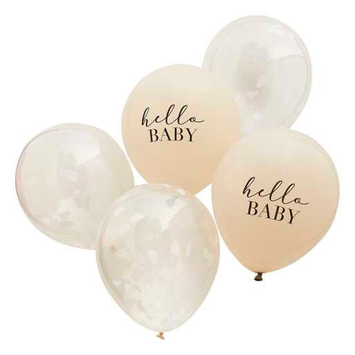 Hello Baby Confetti Balloons - Hello Baby Baby Shower Balloons - White Cloud Confetti Balloons - Taupe Baby Shower Decorations - Pack of 5