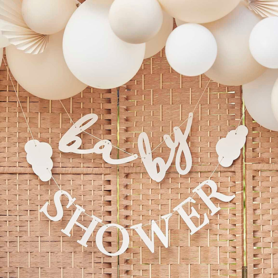 Baby Shower Bunting - Cream Baby Shower Garland With Clouds - New Baby Party - Neutral Decor - Gender Reveal Party Decorations