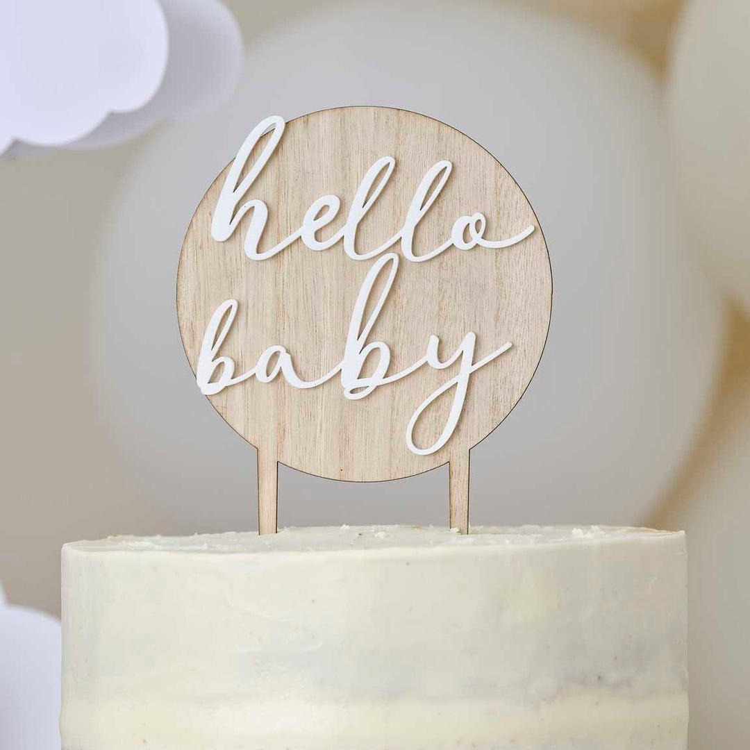 Baby Shower Cake Topper - Wooden Hello Baby Cake Topper - Botanical Baby Shower - Wood & White Acrylic Topper - Gender Neutral-Gender Reveal