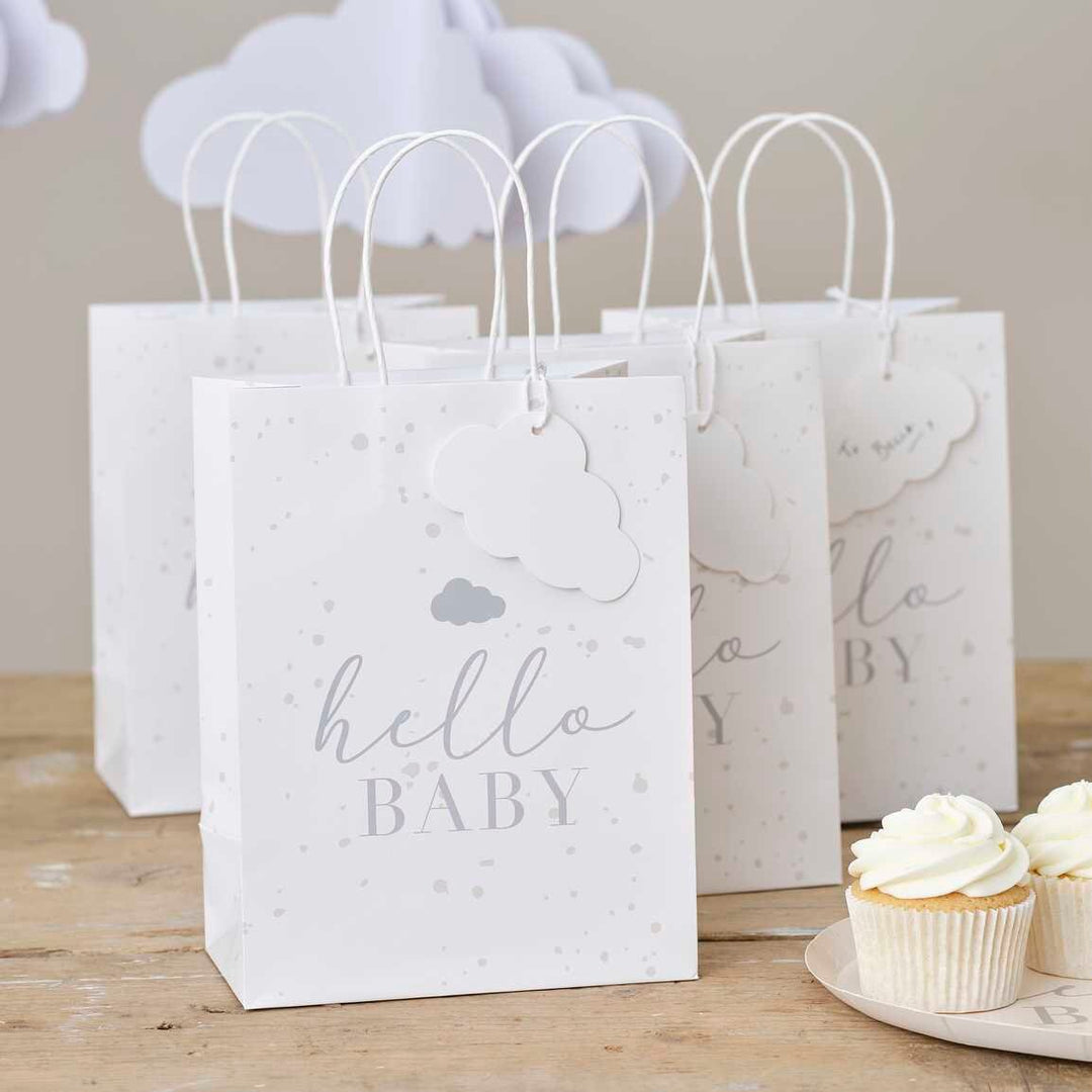 Baby Shower Gift Bags - Hello Baby Paper Party Bags - White & Grey Baby Shower Bag - Cloud Paper Bags - Gender Neutral - Name Tags-Pack Of 5