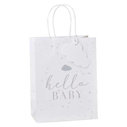 Baby Shower Gift Bags - Hello Baby Paper Party Bags - White & Grey Baby Shower Bag - Cloud Paper Bags - Gender Neutral - Name Tags-Pack Of 5