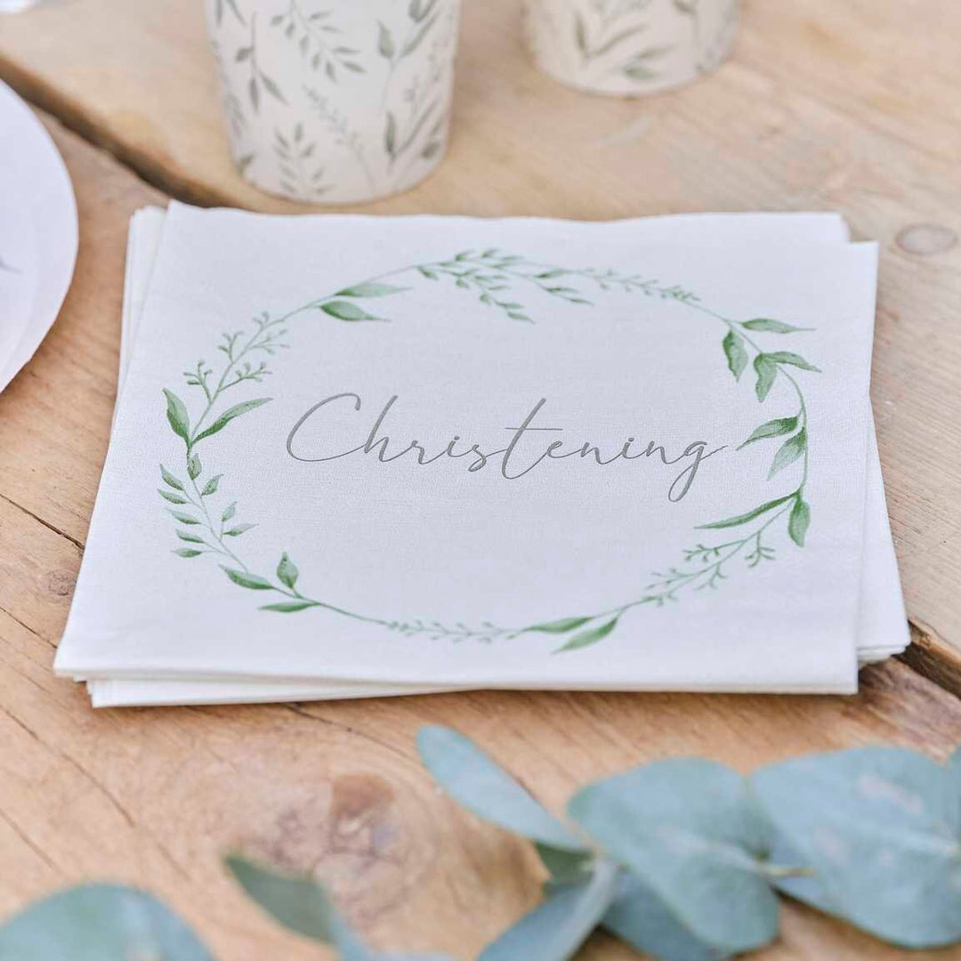 Christening Napkins - White & Green Botanical Paper Napkins - Eco Friendly Christening - Leaf Foliage - Gender Neutral - Pack of 16