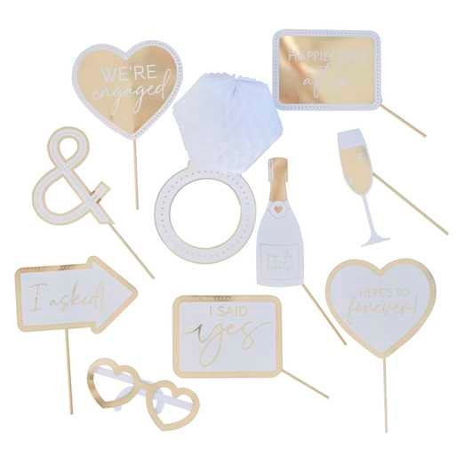 10 Engagement Party Photo Booth Props - White & Gold Photo Props - Engagement Party Decorations - Engagement Photo Selfie Props - Pack of 10