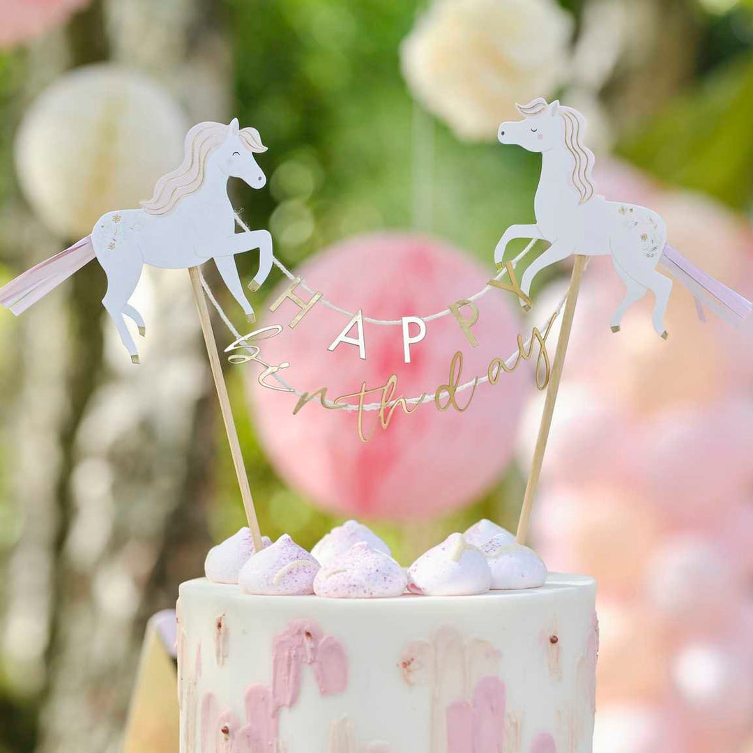 Princess Pony Birthday Cake Topper - Happy Birthday Cake Topper - White Horse Birthday Party Decorations - Kids Birthday Cake Accessories