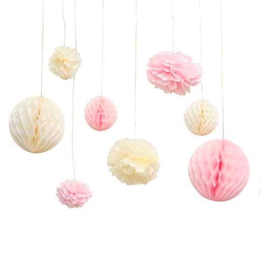 8 Cream Pink Pom Pom Honeycomb Hanging Party Decorations - Princess Party Backdrop - Baby Shower Decorations - 1st Birthday Decor