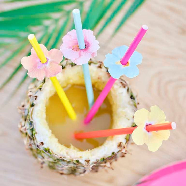 Hawaiian Paper Party Straws with Flower Toppers - Flowers Paper Straws - Birthday Straws - Hawaiian Party - Tropical Tableware - Pack of 16