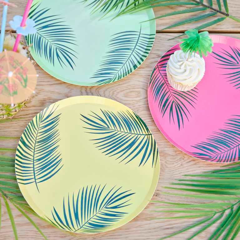 Tropical Party Paper Plates - Green, Pink & Yellow Palm Leaf Paper Plates - Tropical Birthday - Hawaiian Tiki Party Supplies - Pack of 8