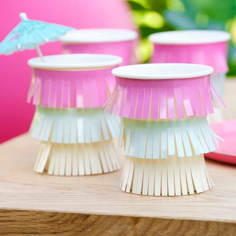 Hawaiian Tassel Fringe Paper Cups with Flower Toppers - Tropical Party Cups - Luau Party - Tiki Party Cups - Hawaiian Party - Pack Of 8