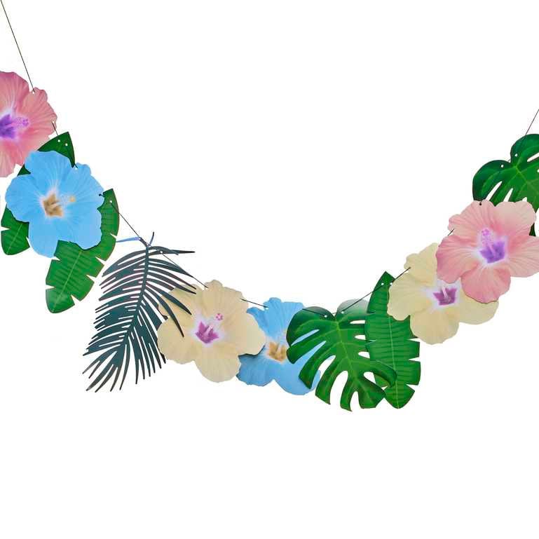 Hawaiian Palm Leaf and Hibiscus Flower Tropical Party Garland Decoration - Tropical Bunting - Aloha Themed Party - Tiki Party-Flower Garland