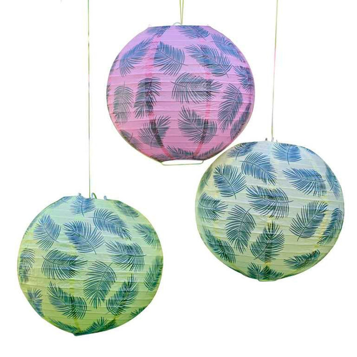 Hawaiian Palm Leaf Printed Hanging Lantern Decorations - Tropical Paper Lanterns - Aloha Themed Party - Birthday Party -Tiki Party-Pack of 3