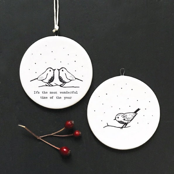 Porcelain Christmas Decoration - Small White Christmas Tree Decoration - It's The Most Wonderful Time Of The Year - Robins - Holiday Decor