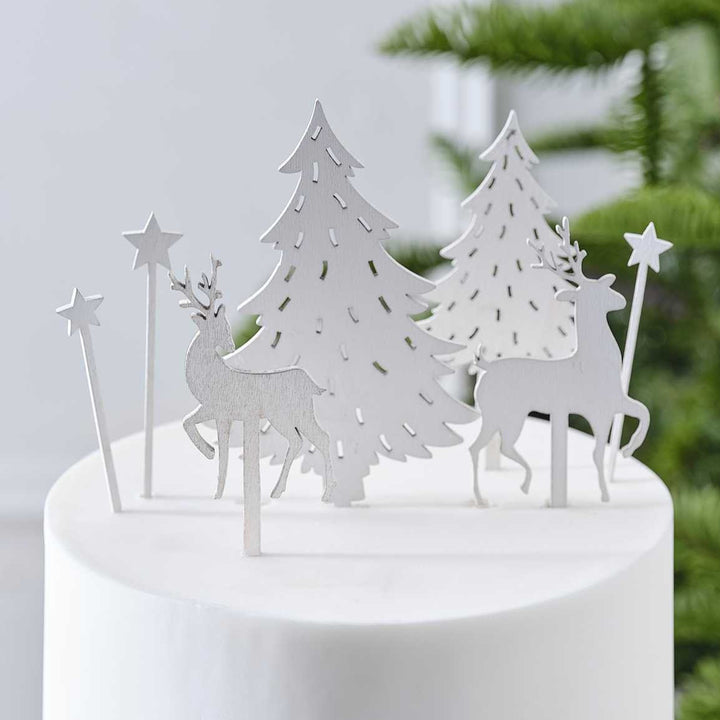Woodland Scene Wooden Christmas Cake Topper - White Christmas Toppers - Nordic Christmas Cake Decorations - White Christmas - Pack Of 7
