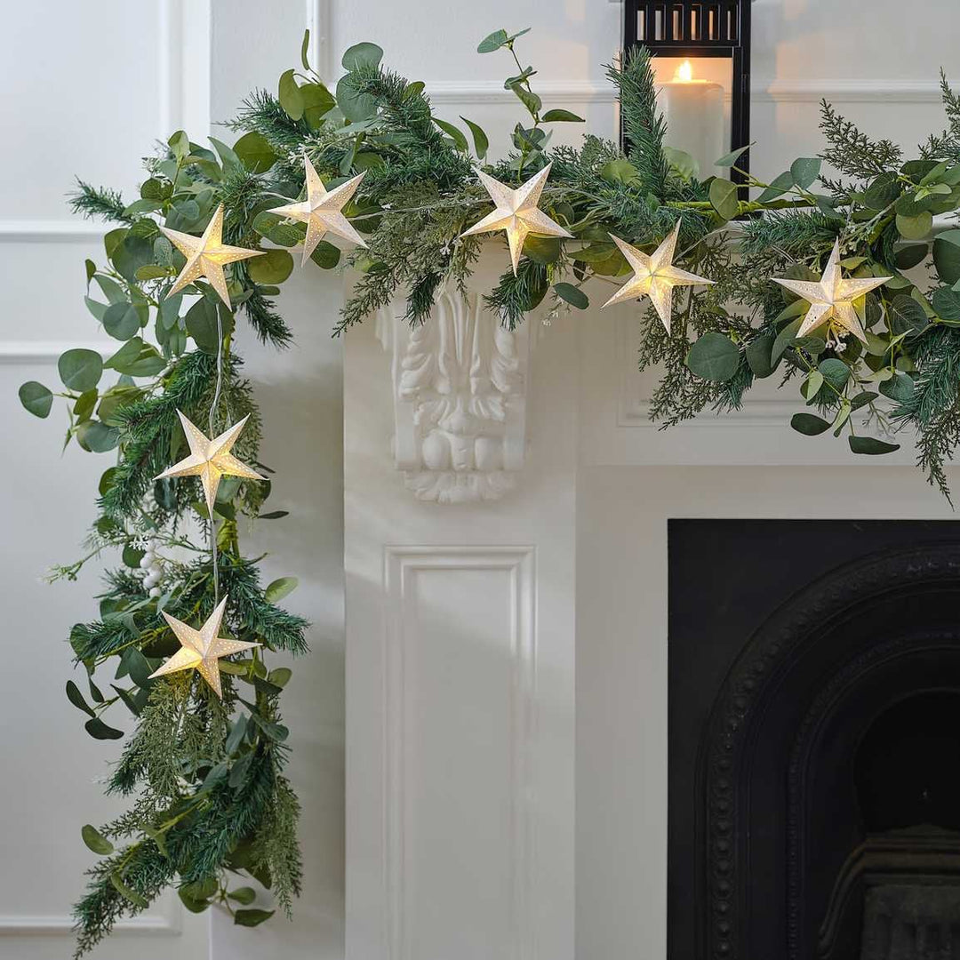 White Paper Star String Light Christmas Bunting - White Paper Star Hanging Christmas Decorations - 3D Contemporary Decor - Holiday Decor