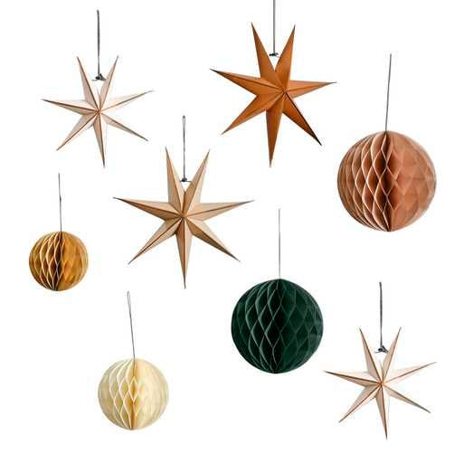 Stars and Honeycomb Hanging Christmas Decorations - Scandi Xmas Decorations - Holiday Decor - Pack Of 8